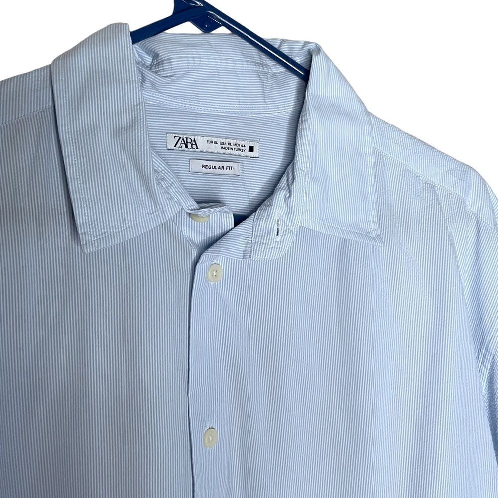 Zara Man Regular Fit Micro Stripe Long Sleeve Button‎ Down Shirt Light Blue XL